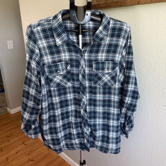 Kut From The Kloth Boylen Relaxed Snap Down Gauze Plaid Western Long Sleeve 1X - Picture 1 of 6